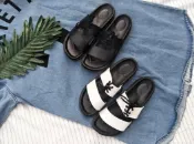 FINDSENSE服飾 FINDSENSE Z1 日系 時尚 潮流 室內戶外 黑白拼色 綁帶式 男女情侶款 休閒鞋 拖鞋 一字拖