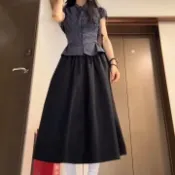 👗台灣出貨👗 韓系洋裝 荷葉邊上衣 大擺長傘裙 兩件式套裝 垂墜大擺中長裙 梨形身材👗 顯瘦 洋裝 收腰洋裝 學院風套裝