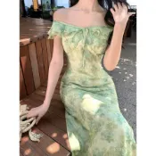 台灣出貨 免運 女裝碎花長裙 綠色收腰連身裙 飄逸垂墜度假洋裝 海邊渡假穿搭 氣質休閒裙 聚會穿搭女裝 女生日常穿搭