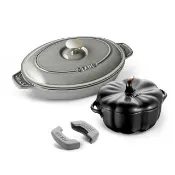 【STAUB】橢圓琺瑯鑄鐵鍋雙耳煎烤盤23cm+南瓜烤盅陶缽16cm+矽膠鍋把手(德國雙人牌集團官方直營)