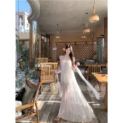 【KIKIFAME】🤍仙氣飄飄✨渡假系網紗拼接繫帶長洋裝 白色洋裝 網紗洋裝 平口洋裝 無袖洋裝 渡假洋裝 A字洋裝