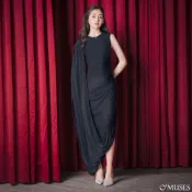 (店+)【OMUSES】皺褶飄袖黑色開叉長禮服29-7789