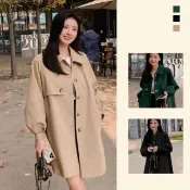 【ONEY 歐妮】● 休閒燈籠袖風衣外套(女外套/中長版外套/防風大衣/售完不補)
