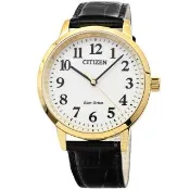 【CITIZEN 星辰】ECO DRIVE光動能皮帶男錶-白面金框 / BJ6543-10A