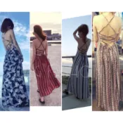 素面5色現貨秒出💖【JinG】渡假海島🌴長洋裝 美背後簍空大露背綁帶細肩婚禮洋裝 變形蟲花朵直條紋圖騰開岔傘狀長裙