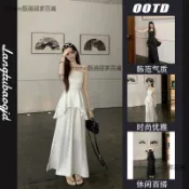 韓系女裝 黑白平口收腰不規則長洋裝 荷葉層次裙擺 修身顯瘦 夏季新款 氣質名媛風 約會宴會度假 百搭連身裙女款 顯高穿搭