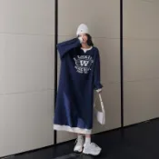 胖酷Style 【肉肉消失術】卡通松鼠印花中長款大學T裙女秋冬新款寬鬆大尺碼胖MM過膝魚尾洋裝大尺碼洋裝連身裙