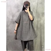 可可百貨 90公斤可穿 棉麻格子上衣 日韓風寬鬆中長版上衣 高級亞麻短袖T恤 大尺碼上衣