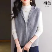 初色 純色針織開衫拉鍊連帽短款無袖背心女背心外套女外套-共5色-15361(F可選)