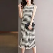 【MsMore】韓版時尚氣質流蘇設計感撞色條紋針織連身背心長裙圓領無袖長洋裝#117008(2色)