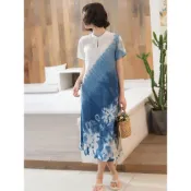 XYJ 春款中國風漸變色印花棉麻洋裝女復古盤扣立領短袖長裙