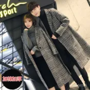 2023新款秋冬裝毛呢大衣情侶裝中長款千鳥格子風衣男女呢料外套潮