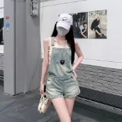 (店+)限時下殺 牛仔褲 女 背帶褲 連身褲 下著 女裝 美式復古做舊水洗破洞牛仔背帶短褲女2026夏季新款辣妹顯瘦短褲子