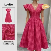 (New Arrival) Lovito 優雅玫瑰紅格紋拉鍊長款傘擺洋裝經典百搭適合春夏週末休閒及工作穿著女款 DRB39BR202