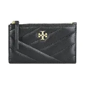 【TORY BURCH】TORY BURCH Kira古銅雙T字LOGO小牛皮斜紋設計4卡拉鍊零錢卡夾包(黑)