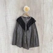 *♡*正韓UNI/黑白小格紋/蕾絲V領.棉絨感.排釦上衣/適L/近新/二手衣《Anna的百寶箱》