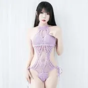 EFP大美人-2023新品❤外貿熱銷性感網紅女神短片攝影渴愛針織鏤倥綁帶有胸墊渴下水少女連身泳衣-粉紫藍S-XL路添
