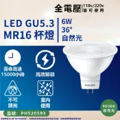 PHILIPS 飛利浦照明 【1入】LED MR16 6W 直壓杯燈 自然光4000K 黃光3000K 黃金光2700K 杯燈 燈杯 全電壓