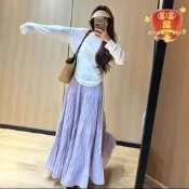 【限量供應】雨霧紫藤壓褶半身裙女春夏季寬鬆大裙擺a字長裙雪紡紫色垂感裙子