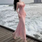 連身裙 洋裝 禮服 S-XL花朵網紗吊帶連身裙夏季新款沙灘度假魚尾裙生日禮服洋氣裙-17174.胖胖美依