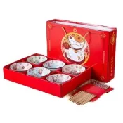 【招財貓】日本浮雕工藝碗筷12件套裝(創意禮品碗筷套裝禮盒 六碗六筷)