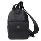 【COACH】滿版LOGO拼接皮革單肩後背包 斜背胸包(黑灰色、小款)