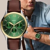 【FOSSIL】Fenmore 時尚三眼日曆手錶-綠x咖啡/44mm 送禮 禮物 推薦(BQM7122)
