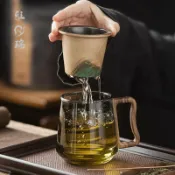 huangjinlang 【茶水分離】泡茶杯 玻璃杯 陶瓷杯 過濾杯 三件套 簡約設計 情侶杯 耐熱玻璃 不鏽鋼濾網 辦公室居家送禮