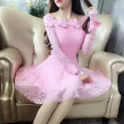  洋裝女生 春秋立體花朵一字領蕾絲公主裙女緊身顯瘦洋裝小禮服長袖潮 新款 摩天大樓