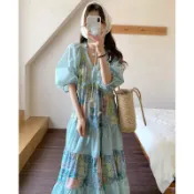 💗AC✨韓國ig超美度假風綠色復古V領洋裝 寬鬆波西米亞長裙 V領洋裝 波西米亞裙 綠色度假風