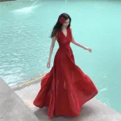  女生裙裝 6月爆款 法式洋裝 赫本洋裝 御姐 掛脖連衣裙 連身裙 高腰氣質 露背純色長裙 中長裙 海島 度假 海邊 旅行