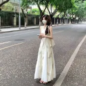 法式復古水墨暈染吊帶洋裝 夏季韓系氣質收腰顯瘦長裙 透紗拼接大擺連身裙 連衣裙 夏日休閒裙 女裝 連身裙