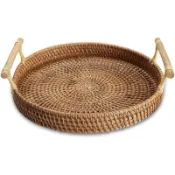 喜挖2店 Rattan Woven Round Basket Round Rattan Woven Serving Tray