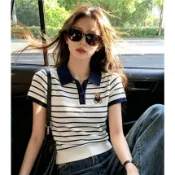 韓系條紋撞色翻領針織Polo衫女 短袖透氣小熊刺繡學院風上衣 顯瘦百搭夏季款