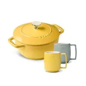 【STAUB】檸檬黃迴力釘點琺瑯鑄鐵鍋和食鍋18cm贈陶瓷拿鐵2件組(德國雙人牌集團官方直營)