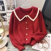 【ONEY 歐妮】★日系撞色娃娃領針織外套(女上衣/長袖/圓領)