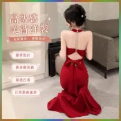 【免運 台灣出貨】 高級洋裝小衆鏈條弔帶連衣裙禦姐修身露背紅色2025綁帶魚尾女長裙新款限時下殺 010