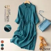 【ACheter】 渡假風領刺繡垂感棉麻襯衫洋裝# 112870