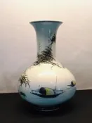 台灣早期老陶瓷 手工色繪江岸輕舟山水圖陶瓷花瓶 花藝 插花 擺具 鶯歌陶瓷 中華陶瓷 51025