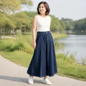 【台灣出貨】熟齡女裝 大尺碼牛仔半身長裙 高腰A字顯瘦中長款 大裙擺垂感傘裙 夏季日常休閒外出穿搭