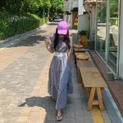 Anna S ANNAS 正韓 棉麻 格子 縮腰 洋裝 長洋裝 長裙 長洋 蛋糕裙 多層次 格紋 短袖 度假 海邊 韓國