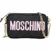 【MOSCHINO】粉字菱格絎縫尼龍可拆鍊帶手拿 斜背包(黑色 肩背 鍊條包)