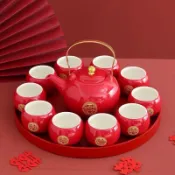 ?婚禮必備?敬茶杯 結婚敬茶套裝 套組 新人婚禮儀式 結婚敬茶盃喜慶茶具一整套生日新婚禮物陶瓷盤紅色喬遷伴手禮套裝【宜家良品百貨】