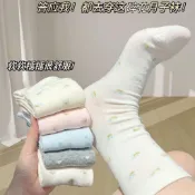 精梳棉襪子女四季春秋冬中筒襪抑菌長襪碎花堆堆襪白色中長月襪