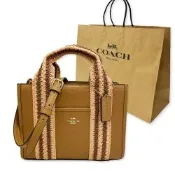 COACH 素面牛皮編織手提/斜背兩用琴譜方包附紙袋(焦糖/粉)
