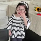 【橘魔法】口袋熊標黑白條紋寬鬆短袖上衣 男童 女童 兒童 童裝 T恤 棉T T-Shirt 中性款