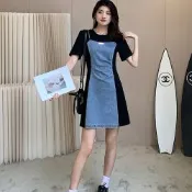 [韓國K.W.]韓國丹寧牛仔火熱情深拼接假二件優雅洋裝(小香風/輕量/洋裝/休閒/日系/通勤/渡假)