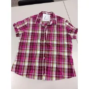 【二手出清 XL碼 lativ 女裝短袖襯衫 桃紅綠配色美式水洗舒適格紋收腰翻領上衣】適L至XL涼感透氣百搭戶外野餐防曬