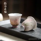 ✅彌言純手繪蘭花主人杯手工陶瓷花口茶杯家用品茗杯日式聚香聞香杯
