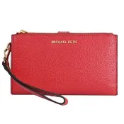 【Michael Kors】新版經典LOGO荔枝皮革手提式雙拉鍊手機袋長夾(紅)